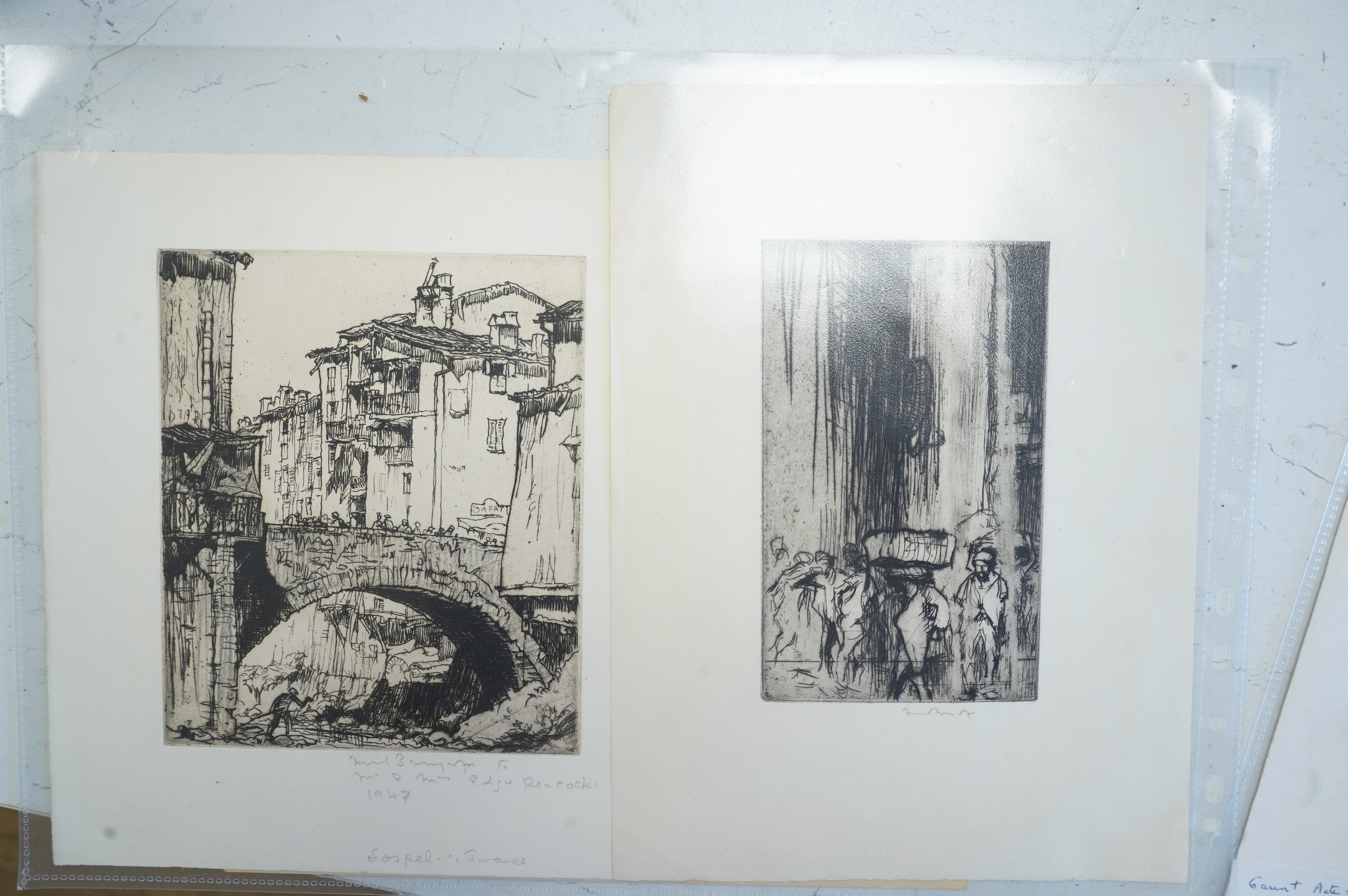 Frank Brangwyn RA RWS RBA (Welsh, 1867-1956), a collection of six etchings and prints, signed in pencil, to include 'The Show' and 'The Beggars', each unframed, largest 40 x 29cm